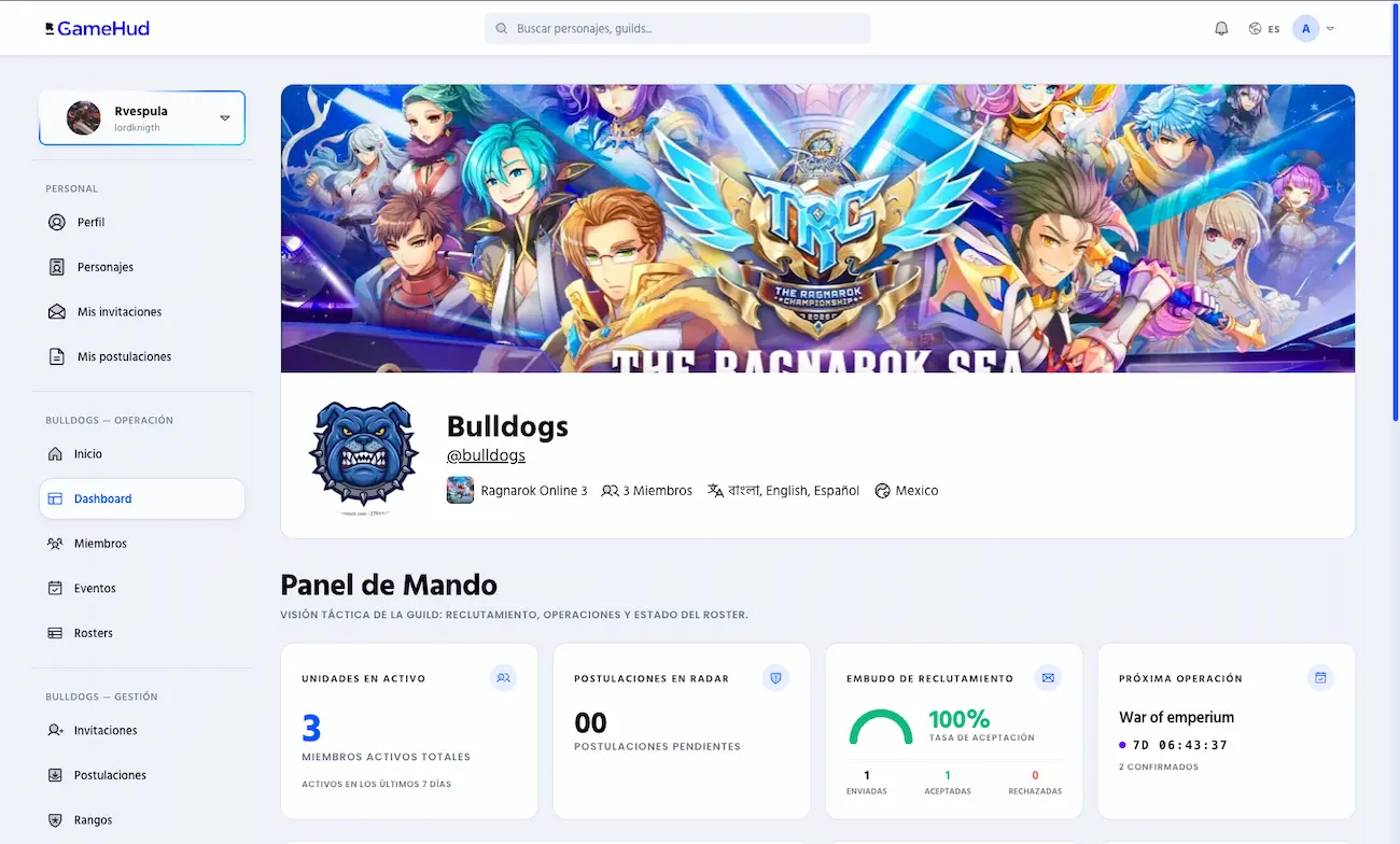 GameHud Command Deck — Panel táctico de gestión de Guild